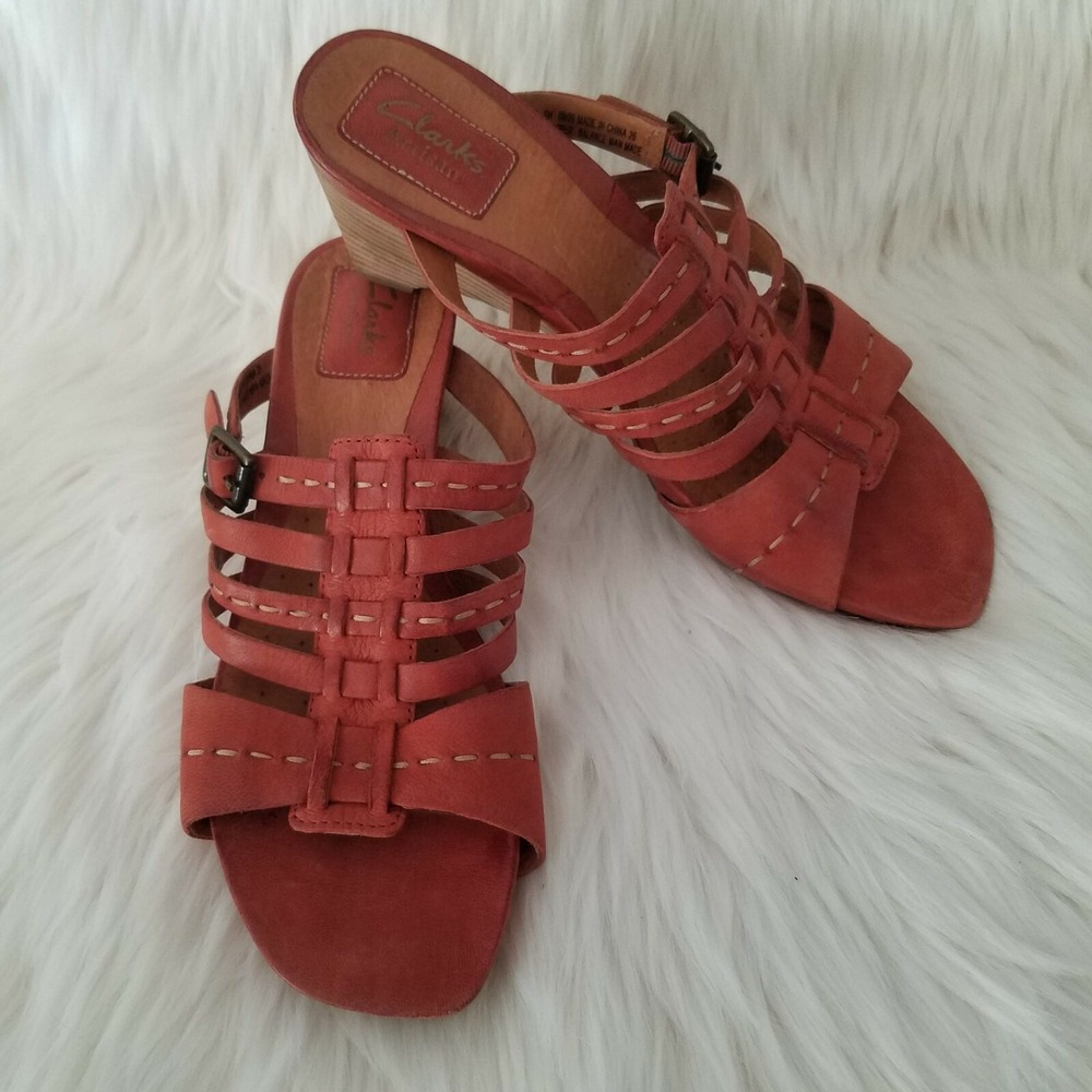 Clarks Artisan Strappy Sandal 8M Burnt Orange Leather Slide Buckle 2.75" Heel